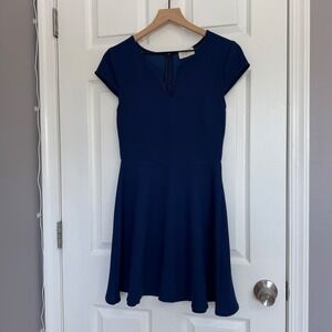 Everly Navy Blue Fit and Flare Skater Dress Cap Sleeve Notched V-Neck DR4988 S